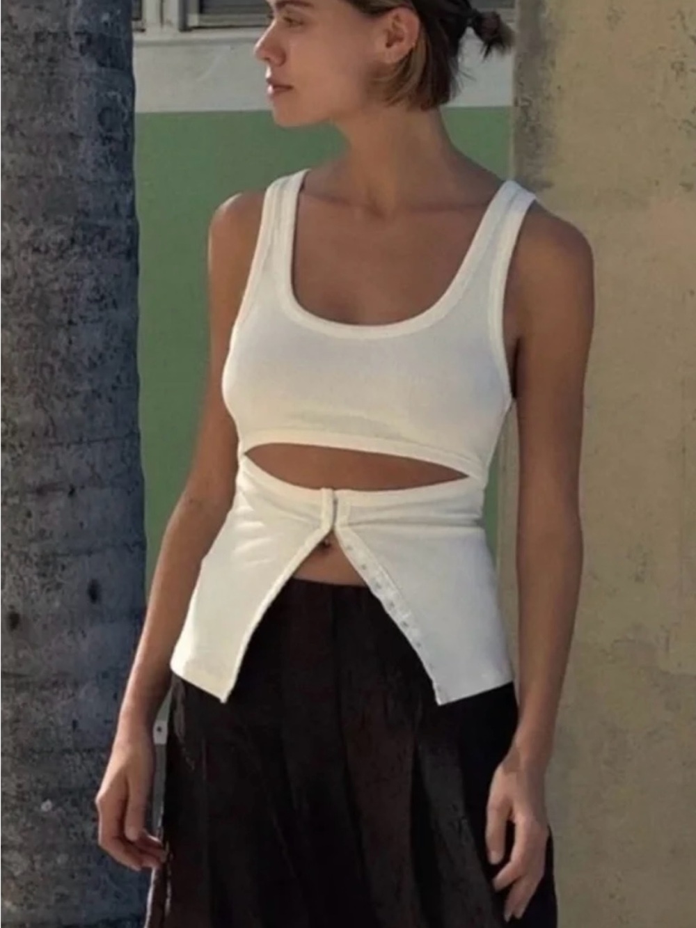 Zara Cream Ribbed Cutout Tank Top